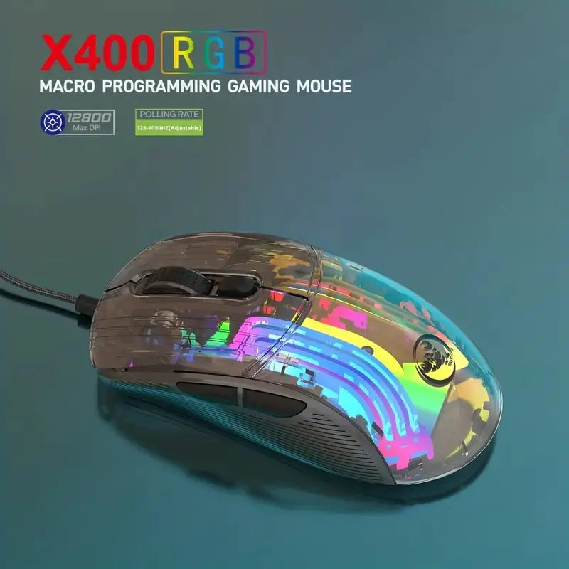 HXSJ USB Wired Transparent RGB Gaming Mouse 12800DPI