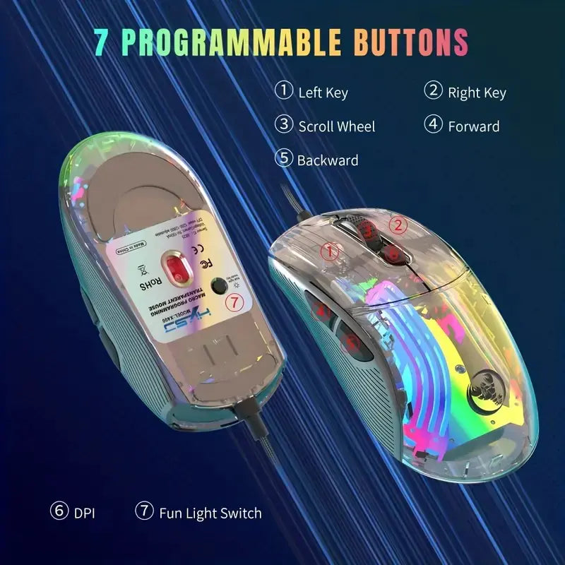 HXSJ USB Wired Transparent RGB Gaming Mouse 12800DPI
