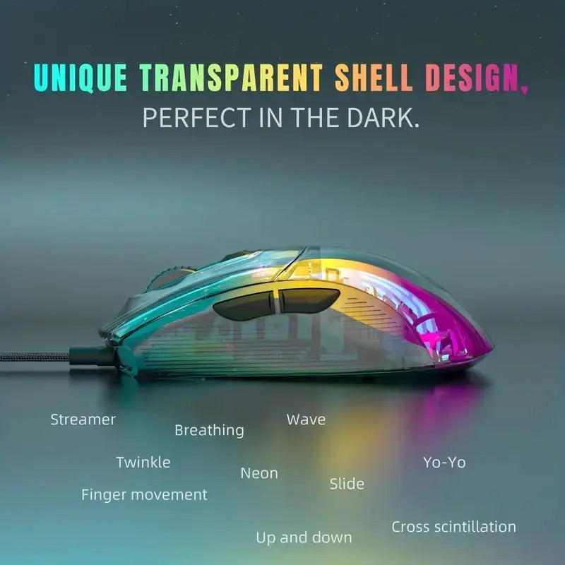 HXSJ USB Wired Transparent RGB Gaming Mouse 12800DPI