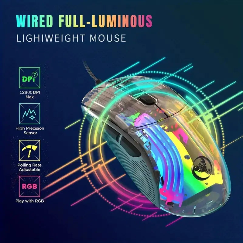 HXSJ USB Wired Transparent RGB Gaming Mouse 12800DPI